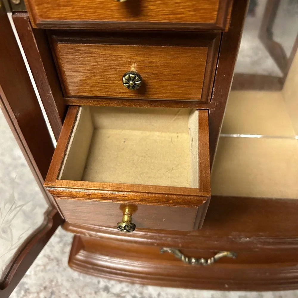 Vintage Wooden Jewelry Box Armoire Brown Vintage Etched Glass Necklace Carousel